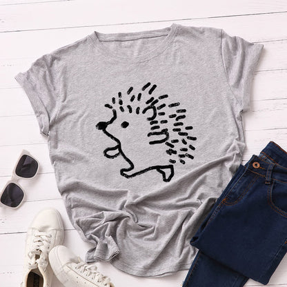 Plusock Plus Size Hedgehog Print Round Neck Short Sleeve T-Shirt