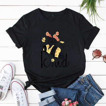 Plusock Plus Size Creative Bee Floral Print Short Sleeve T-Shirt