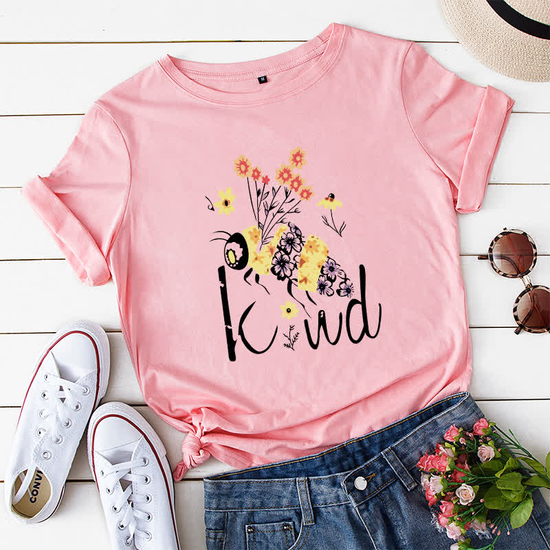 Plus Size Creative Bee Floral Print Short Sleeve T-Shirt
