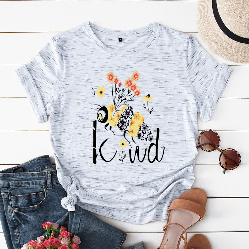 Plus Size Creative Bee Floral Print Short Sleeve T-Shirt