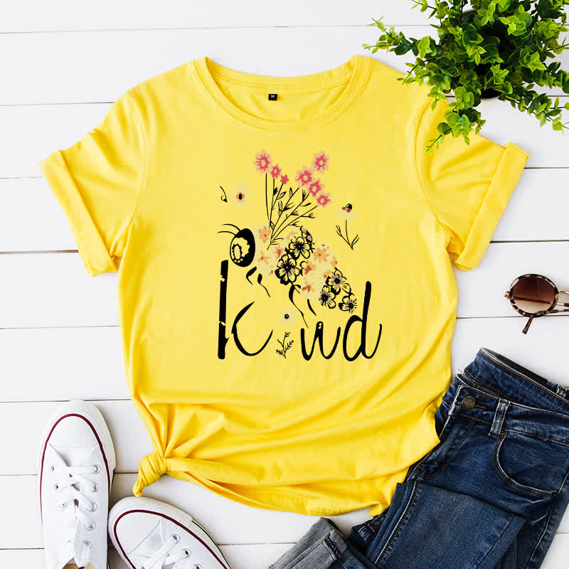 Plus Size Creative Bee Floral Print Short Sleeve T-Shirt
