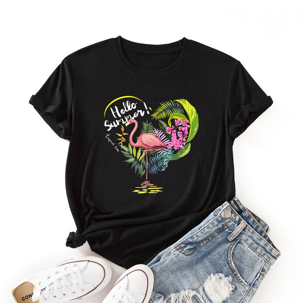 Plus Size Heart Flamingo Print Short Sleeve T-Shirt