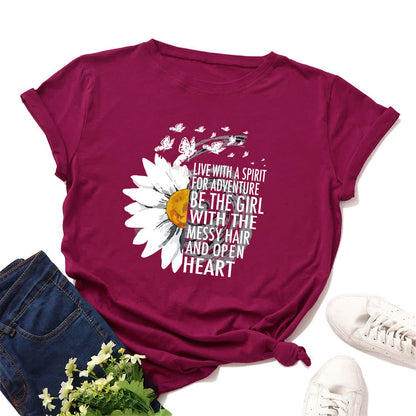 Plusock Plus Size Floral Letter Print Short Sleeve T-Shirt