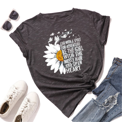 Plusock Plus Size Floral Letter Print Short Sleeve T-Shirt
