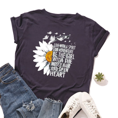 Plusock Plus Size Floral Letter Print Short Sleeve T-Shirt