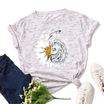 Plusock Plus Size Floral Letter Print Short Sleeve T-Shirt