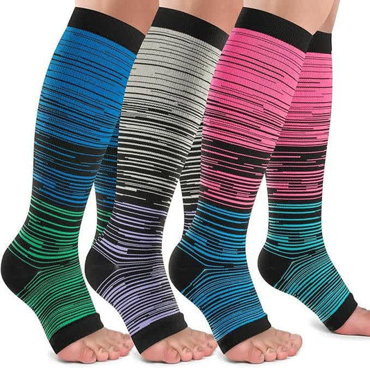 Black Striped Open Toe Compression Socks(3 Pairs)