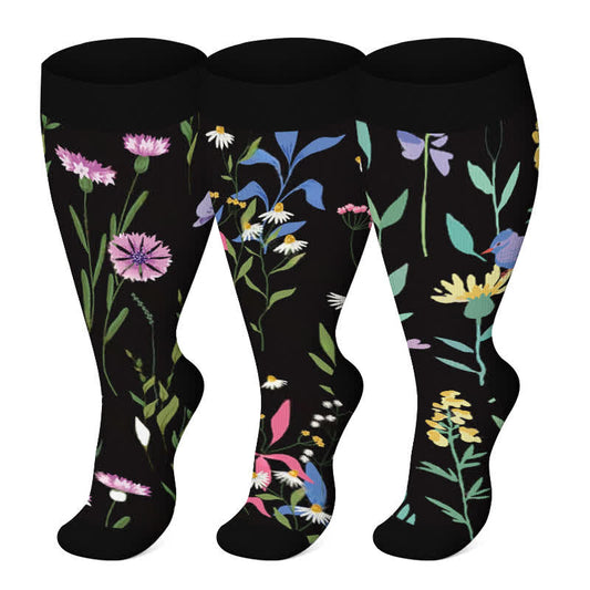 Plus Size Painted Flowers Compression Socks(3 Pairs)