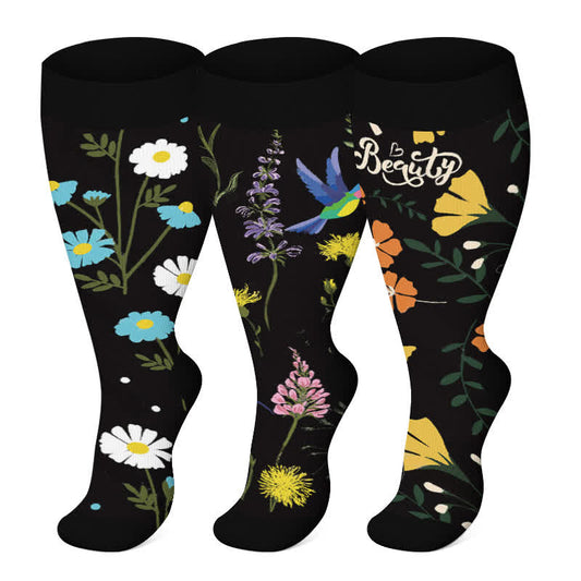 Plus Size Painted Flower Bird Compression Socks(3 Pairs)