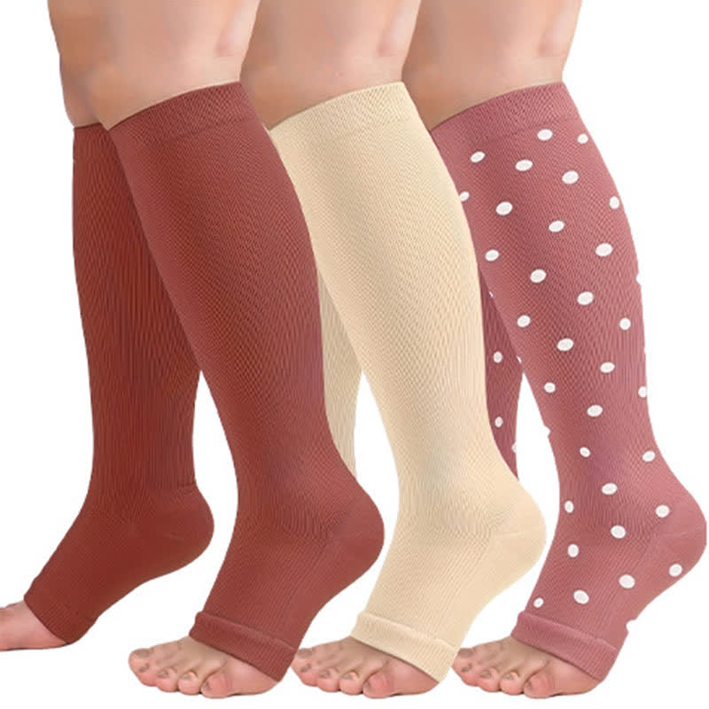 Polka Dot High Elastic Open Toe Compression Socks(3 Pairs)