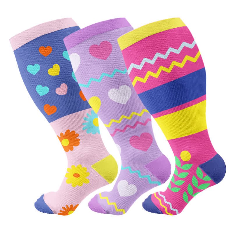 Plus Size Heart Flowers Compression Socks(3 Pairs)