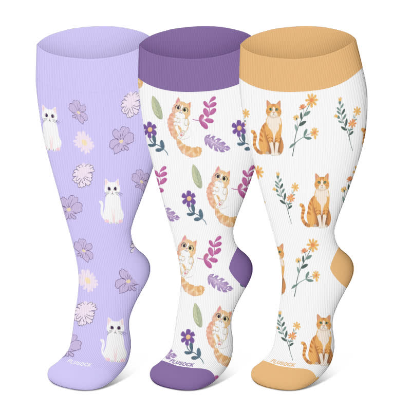 Plus Size Cat Flowers Compression Socks(3 Pairs)