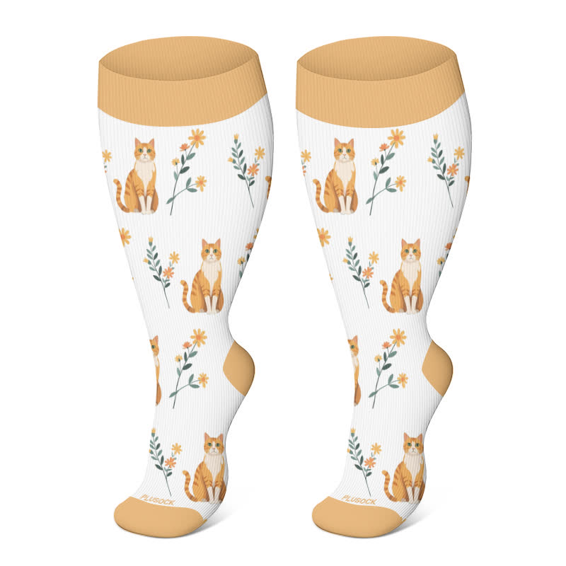 Plus Size Cat Flowers Compression Socks(3 Pairs)