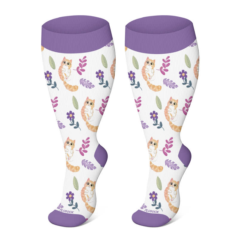 Plus Size Cat Flowers Compression Socks(3 Pairs)