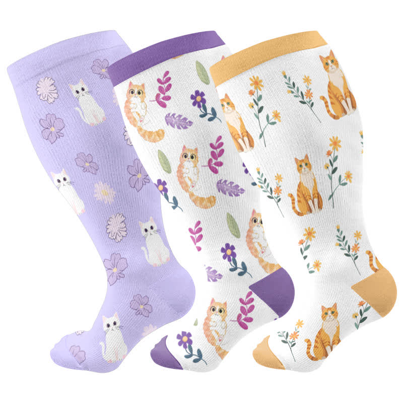 Plus Size Cat Flowers Compression Socks(3 Pairs)