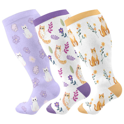 Plus Size Cat Flowers Compression Socks(3 Pairs)