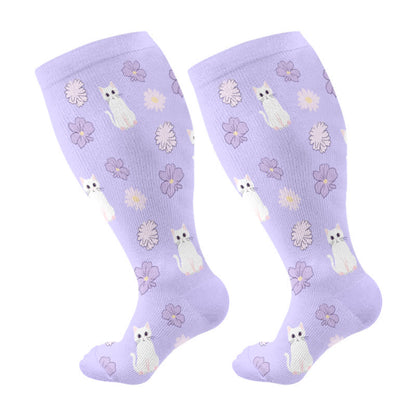 Plus Size Cat Flowers Compression Socks(3 Pairs)