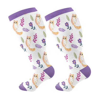 Plus Size Cat Flowers Compression Socks(3 Pairs)