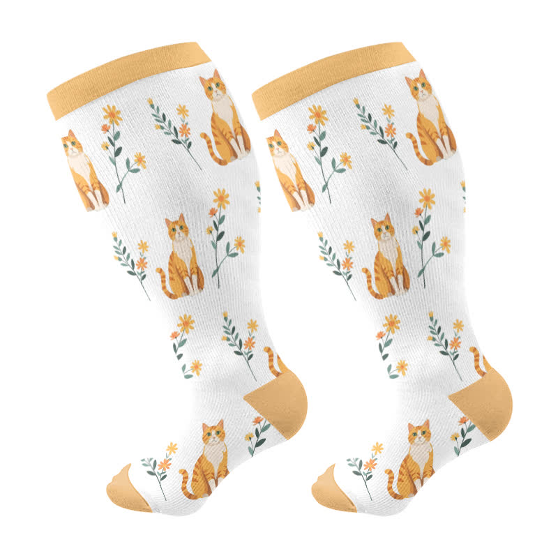 Plus Size Cat Flowers Compression Socks(3 Pairs)