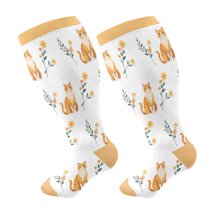 Plus Size Cat Flowers Compression Socks(3 Pairs)