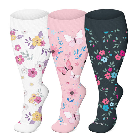 Plus Size Elegant Butterfly Flowers Compression Socks(3 Pairs)