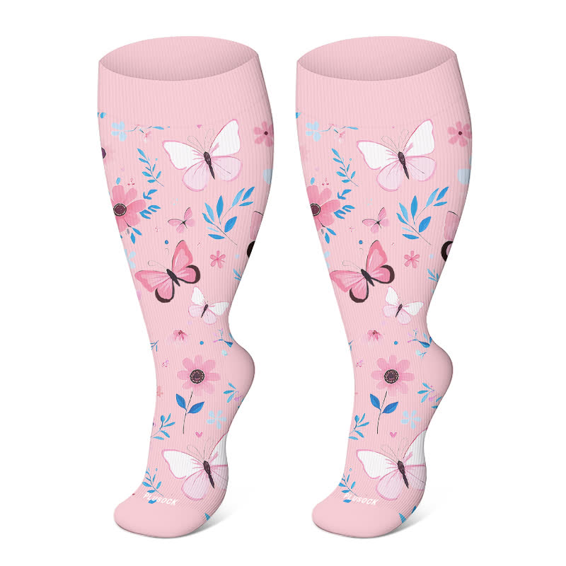 Plus Size Elegant Butterfly Flowers Compression Socks(3 Pairs)