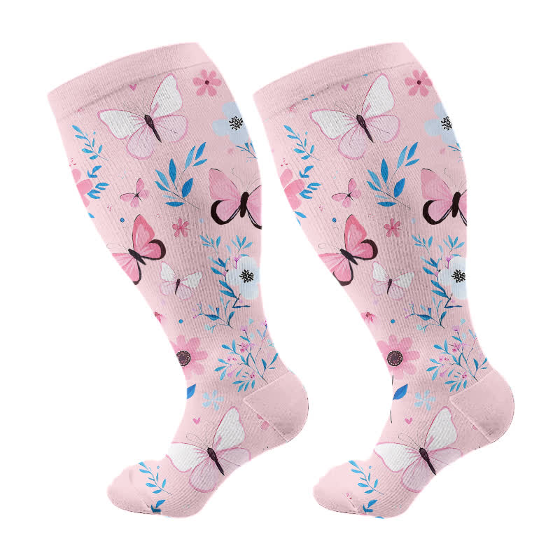 Plus Size Elegant Butterfly Flowers Compression Socks(3 Pairs)