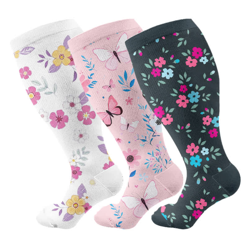 Plus Size Elegant Butterfly Flowers Compression Socks(3 Pairs)