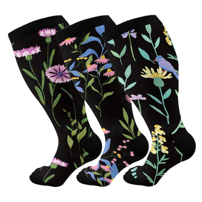 Plus Size Painted Flowers Compression Socks(3 Pairs)