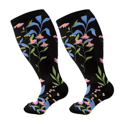 Plus Size Painted Flowers Compression Socks(3 Pairs)