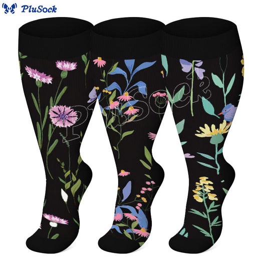 Plus Size Painted Flowers Compression Socks(3 Pairs)