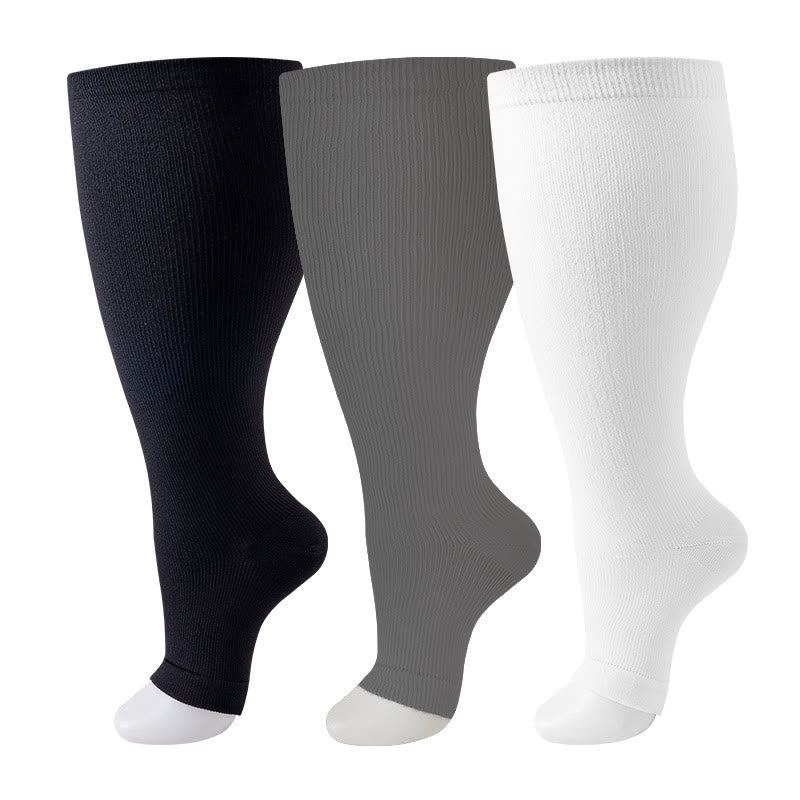 Plus Size Black White Gray Open Toe Compression Socks(3 Pairs)