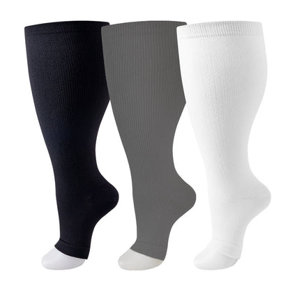 Plus Size Black White Gray Open Toe Compression Socks(3 Pairs)