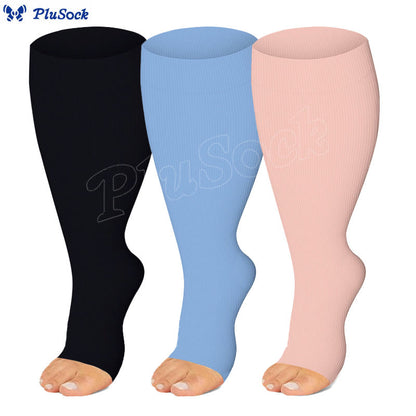 Plusock Plus Size Black Blue Pink Open Toe Compression Socks(3 Pairs)