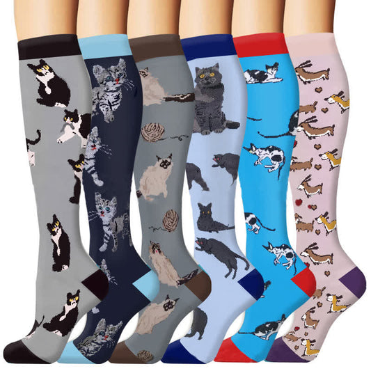 Cat Print Outdoor Running Compression Socks(6 Pairs)