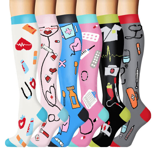 Medical Print Outdoor Running Compression Socks(6 Pairs)