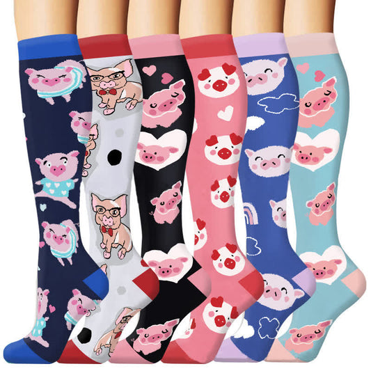 Cute Pig Print Outdoor Running Compression Socks(6 Pairs)