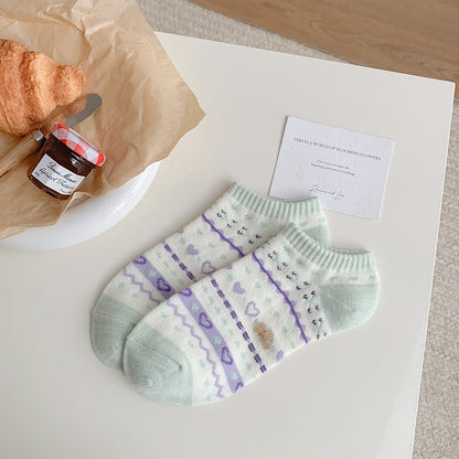 Heart Bear Striped No Show Socks(5 Pairs)