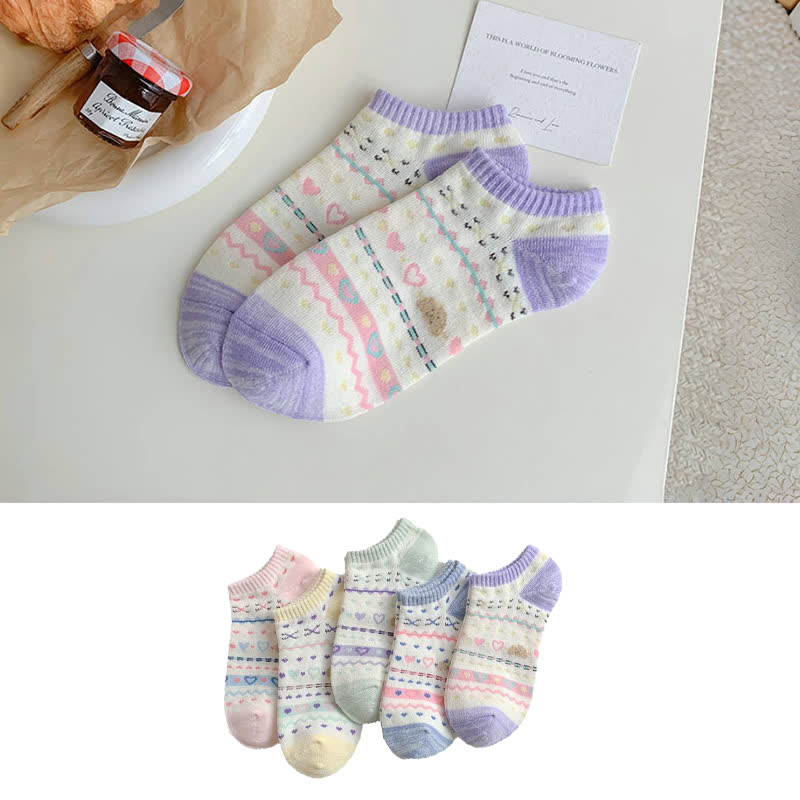 Heart Bear Striped No Show Socks(5 Pairs)