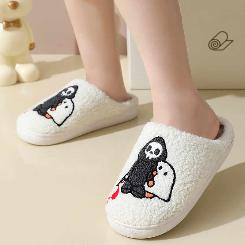 Cartoon Skull Ghost Print Fluffy Home Slippers
