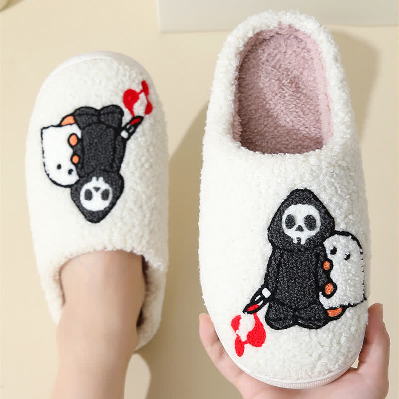 Cartoon Skull Ghost Print Fluffy Home Slippers