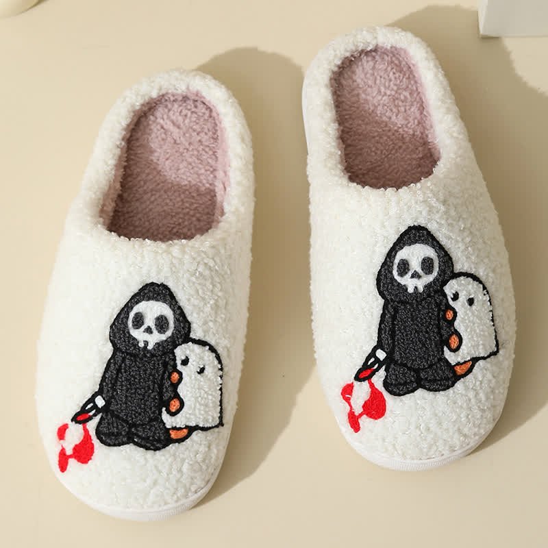 Cartoon Skull Ghost Print Fluffy Home Slippers
