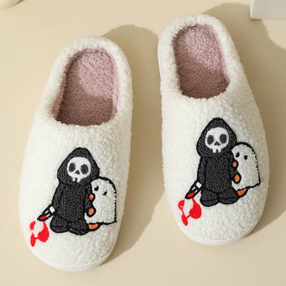 Cartoon Skull Ghost Print Fluffy Home Slippers
