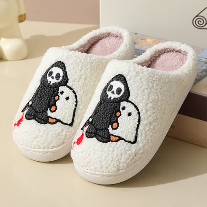 Cartoon Skull Ghost Print Fluffy Home Slippers