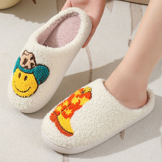 Cute Emoji Print Fluffy Home Slippers