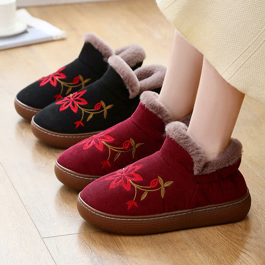 Flower Embroidered Home Non-slip Warm Slippers