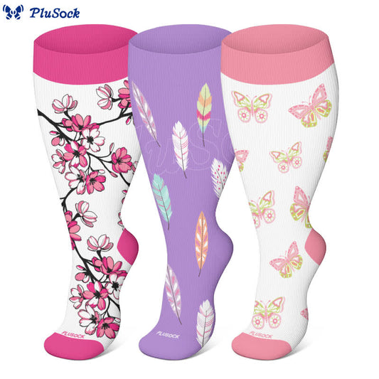 Plus Size Blossom Feather Butterfly Compression Socks(3 Pairs)