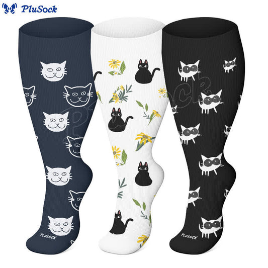 Plus Size Cute Cat Floral Compression Socks(3 Pairs)