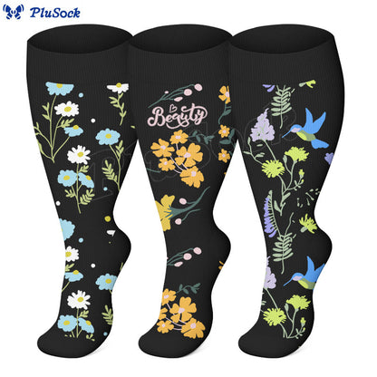 Plus Size Painted Flower Bird Compression Socks(3 Pairs)