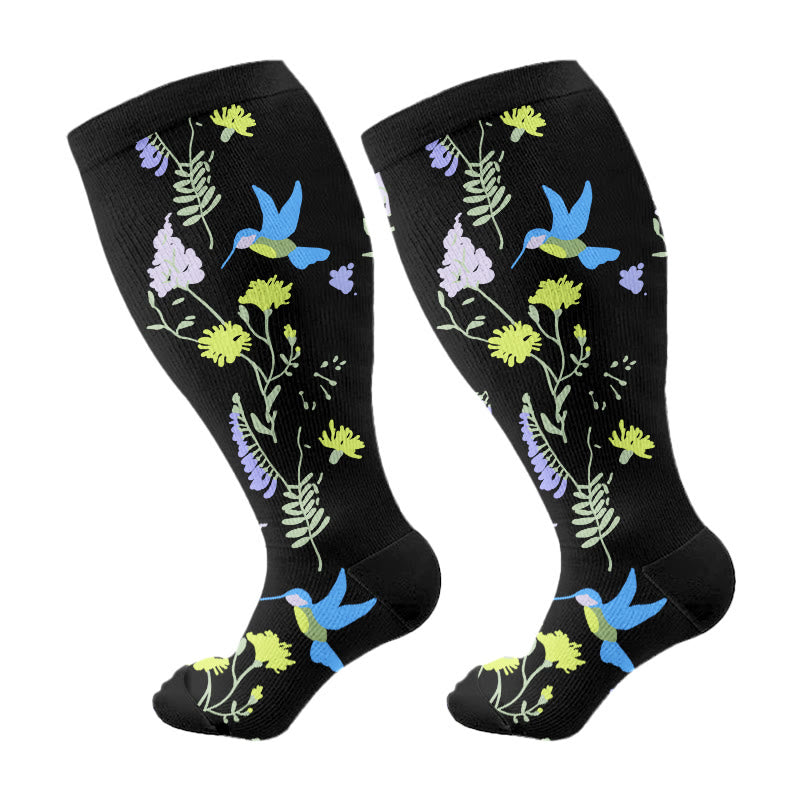 Plus Size Painted Flower Bird Compression Socks